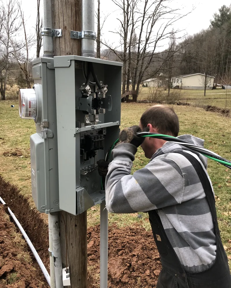 Worker in gloves pulling service wire into a new meter base mounted on a utility pole